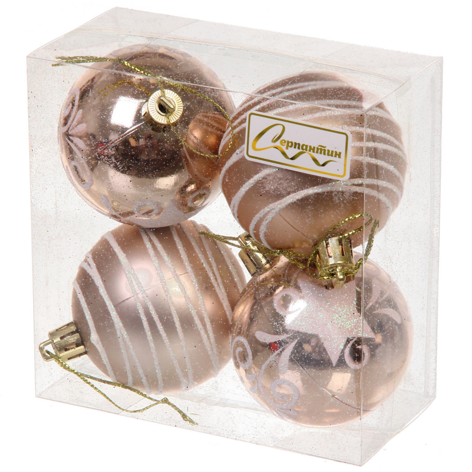 Новогодние шары 6 см (набор 4 шт) "Снежная дымка", Шампань