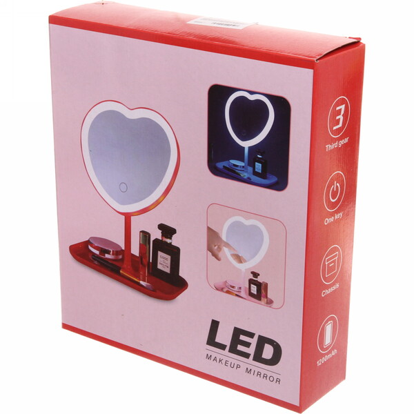 Зеркало настольное с подсветкой на подставке "Mary Touch - Heart", цвет розовый, USB, 20*29см