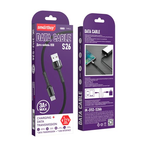 Кабель для зарядки и передачи данных S26 Type C черный.,3 А,QC,нейл.,1м,Smartbuy (iK-3112-S26b)
