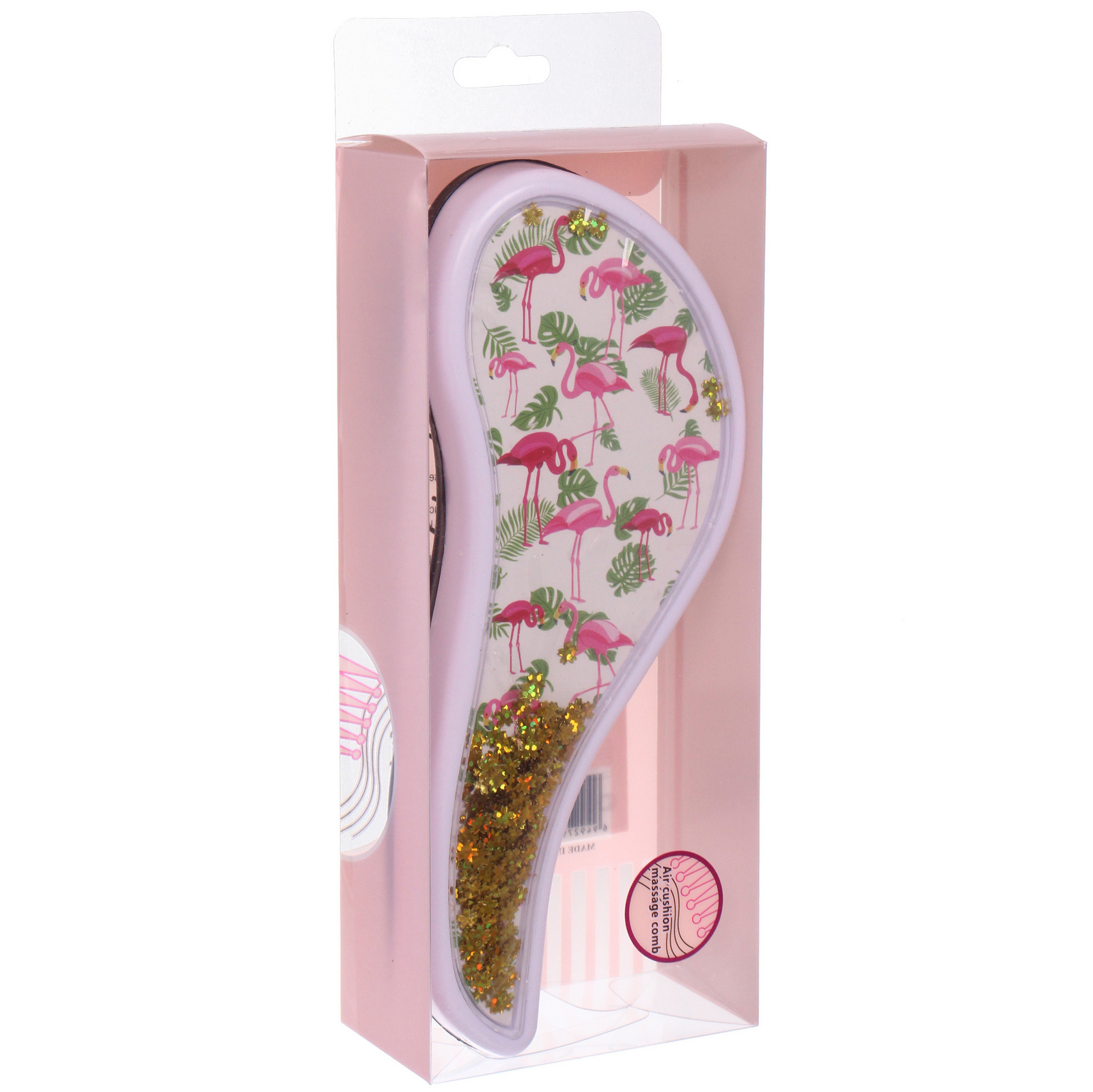 Расческа массажная компактная "ТРОПИКИ", блестки, микс 4 дизайна, 18*7,5см (PVC коробка)