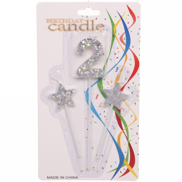Свеча для торта Цифра Звёздное сияние "2" 16 см (набор 3шт), серебро