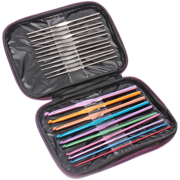 Крючки вязальные металлически в футляре 22шт "Favorite Hous", цвет как на фото, от 0,65мм до 6,5мм 22шт (футляр фиолетового цвета)