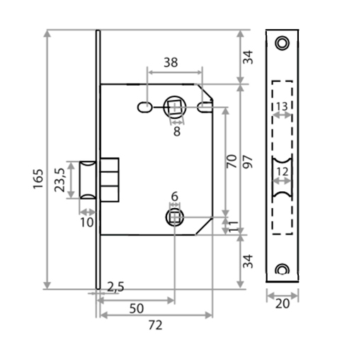 Защелка врезная Trodos PE70 с фиксацией под поворотную ручку с прямоугольной планкой, металл, бронза