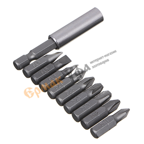 Набор бит 10 пр: удлинитель-адаптер с магнитным держателем для бит; 9 бит длиной 25мм ЕРМАК  (1/180)