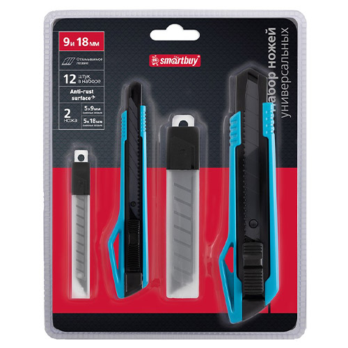 Набор ножей универсальных 12 шт, с отлам.лезвием 9 мм и 18 мм, 2 ножа, 10 лезвий, Smartbuy Tools
