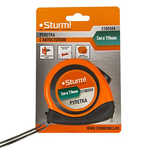 Рулетка с двухсторонней шкалой 5м х 19 мм автостоп STURM 3100304