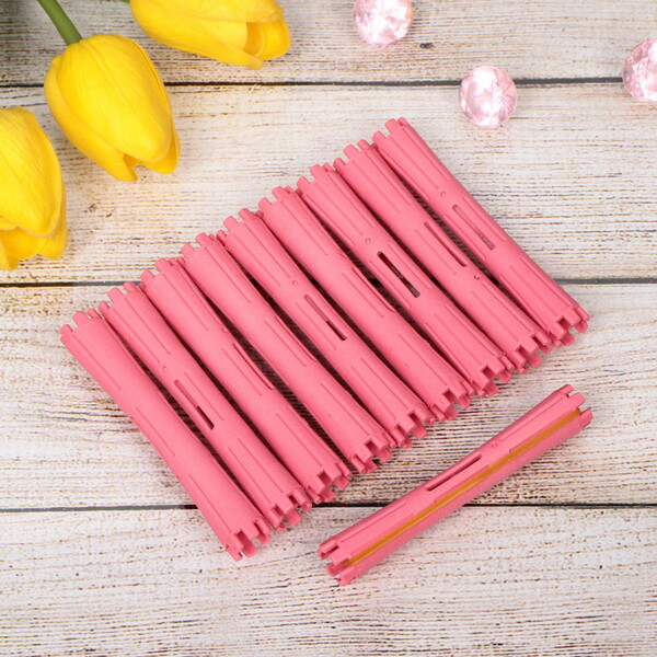 Бигуди пластмассовые-коклюшки с резинками 10шт d-1.3см "KUDRI", цвет розовый, (прозрачный пакет с подвесом)