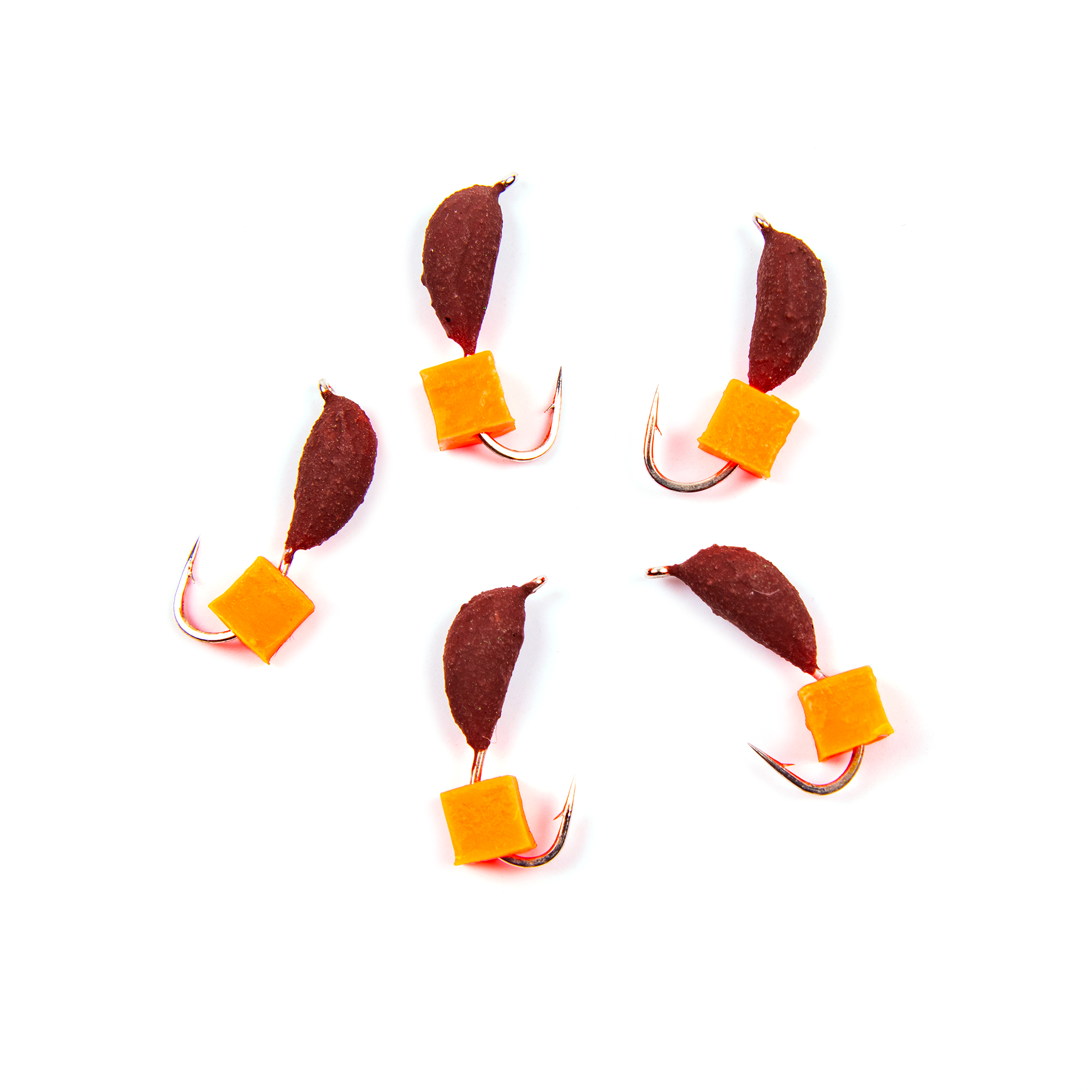 Мормышка безнасад. ЯМАН "Банан" матовый шоколад, d-3 мм, вес 0,5 г, ядреный кубик красный (уп.5 шт)