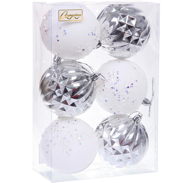 Новогодние шары "Волшебный бал" 8 см (набор 6 шт), Серебро/Белый