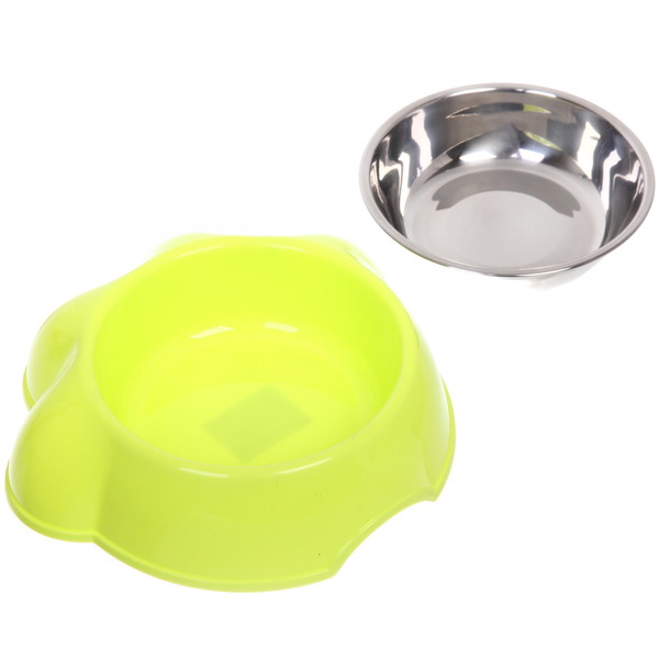 Миска пластиковая с металлической чашкой "Лапка" 21*6,5см цвет зеленый / 350 и 450мл