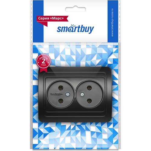 Розетка двойная одноместная без заземления 10А черная, "Марс" (SBE-02b-10-S2-N-c)