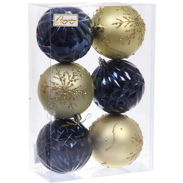 Новогодние шары "Волшебный бал" 8 см (набор 6 шт), Сапфир/Золото