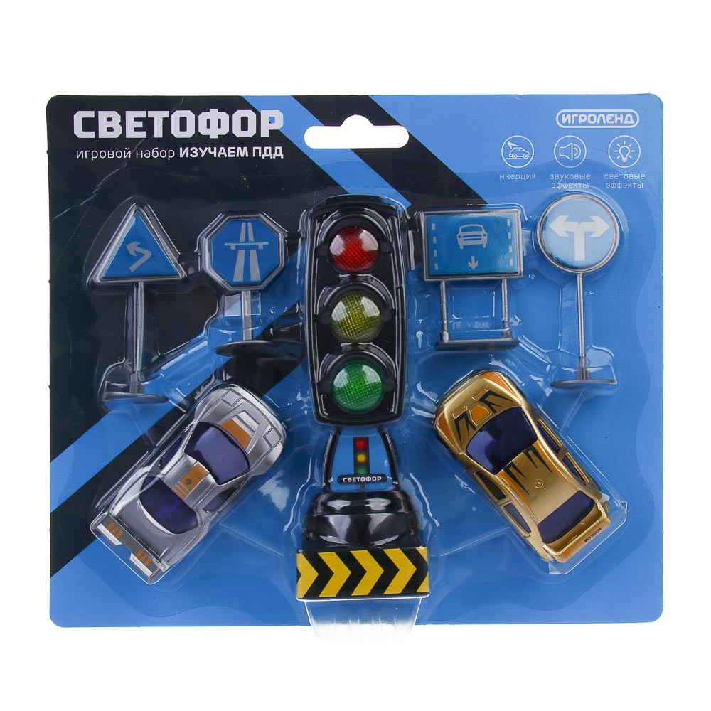 ИГРОЛЕНД Игровой набор "Светофор" с машинками,знаками, инерция,свет, звук, 3хLR44, РР, 22х19х5 см