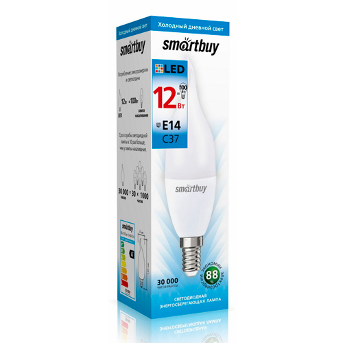 Светодиодная (LED) Свеча на ветру матовая Лампа Smartbuy-C37-12W/6000/E14 (SBL-C37Can-12-60K-E14)