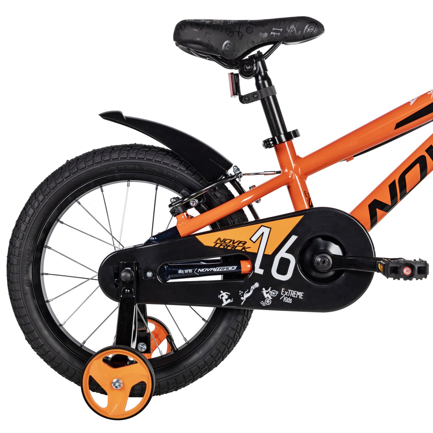 Велосипед NOVATRACK 16, EXTREME алюм., оранжевый, полная защ.цепи, V-brake, короткие крылья, полная