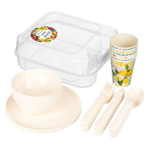 Набор для пикника 37 предметов на 6 персон с декором Фруктовый сад, светло-бежевый