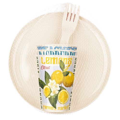 Набор для пикника Homver 223159225/01, 9 предметов на 3 персоны с декором Фруктовый сад, светло-бежевый