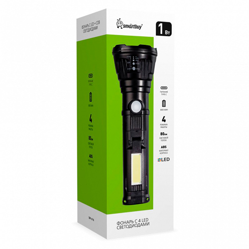 Фонарь LED+COB, MicroUSB, ABS, встроенный аккумулятор Smartbuy