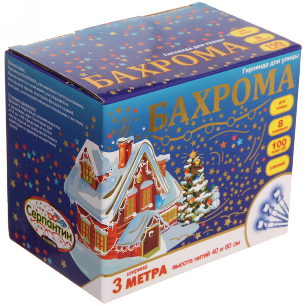 Гирлянда для улицы БАХРОМА ш3м* в40/60см 100 ламп LED, прозр. пров, 8 реж, IP-54, Синий (возможность соединения)