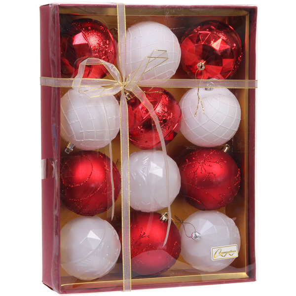 Новогодние шары "Волшебный вальс" 8 см (набор 12 шт), Красный/белый