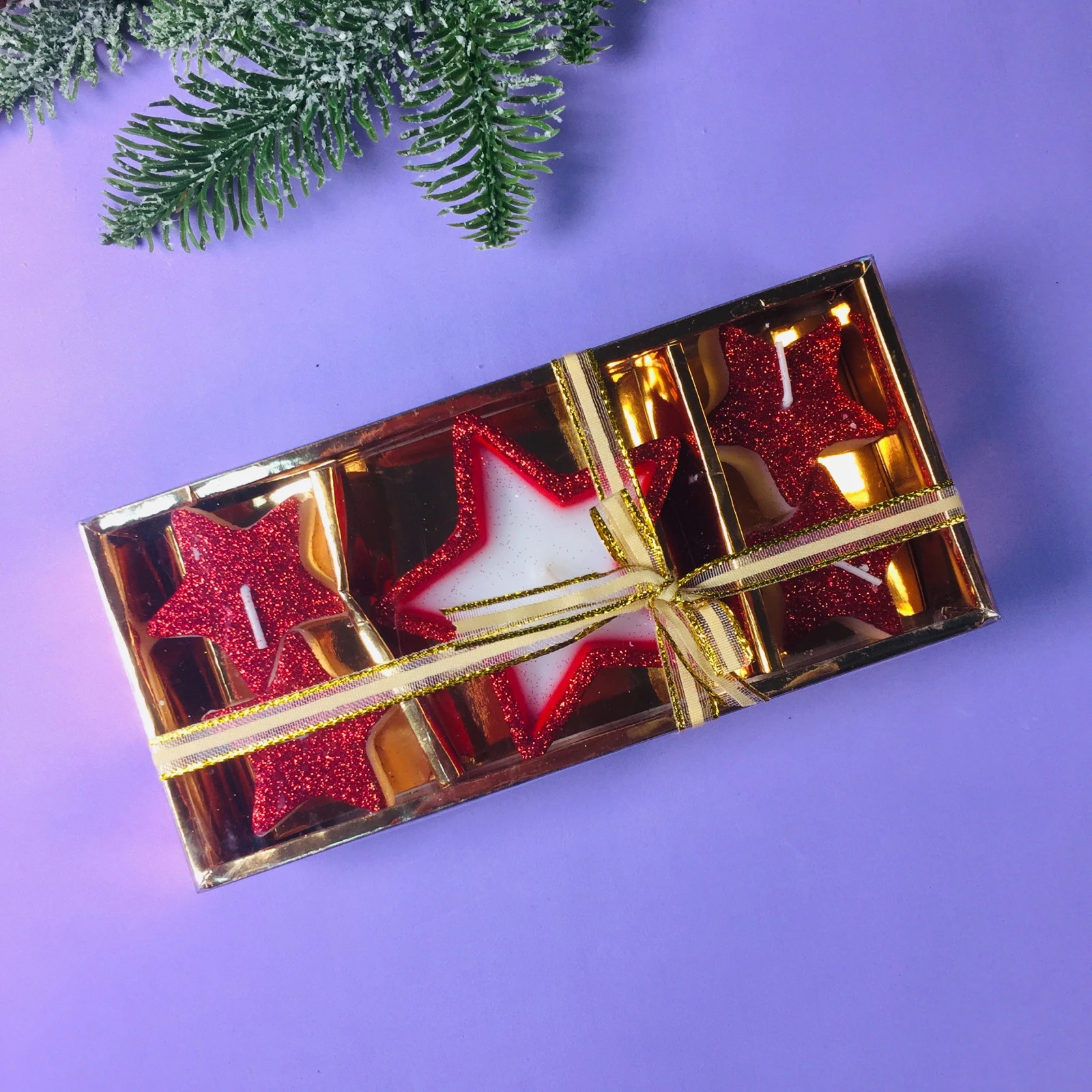 Свечи новогодние "Звездный дождь" 18*9 см (набор 5 шт), красный