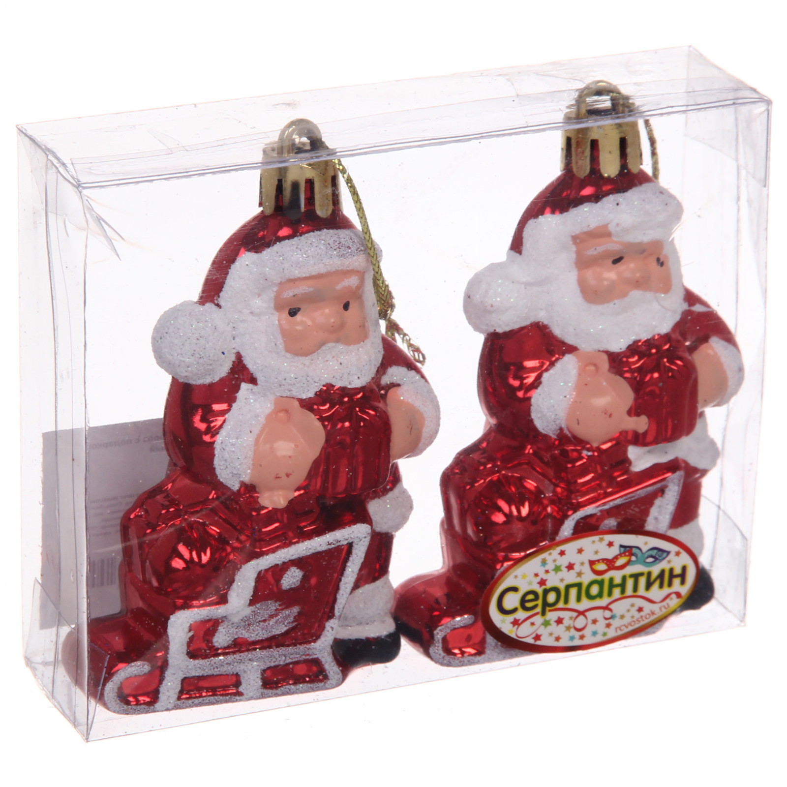 Елочные игрушки "Дед Мороз с подарком" 6,5 см (набор 2 шт), Красный