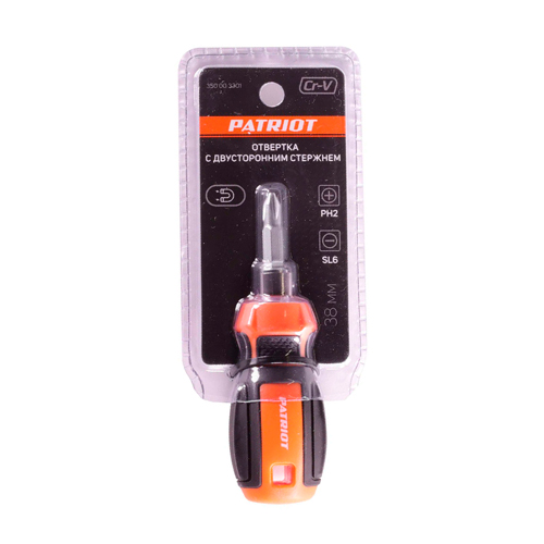 Отвертка Patriot с двусторонним стержнем, CR-V, PH2-SL6 x 38, 2-х компонентная рукоятка