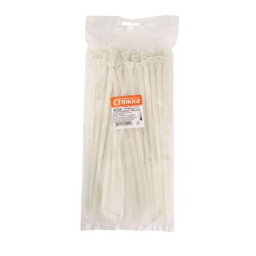 Хомут, стяжка, 300х7,6 нейлон белый 100шт/уп Россия, 1/35