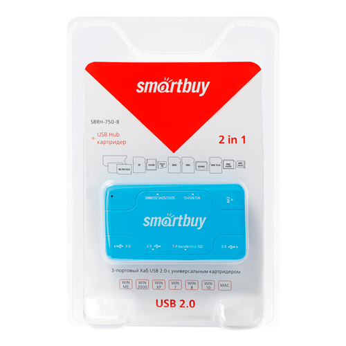 Картридер + Хаб Smartbuy 750, USB 2.0 3 порта+SD/microSD/MS/M2 Combo, голубой (SBRH-750-B)