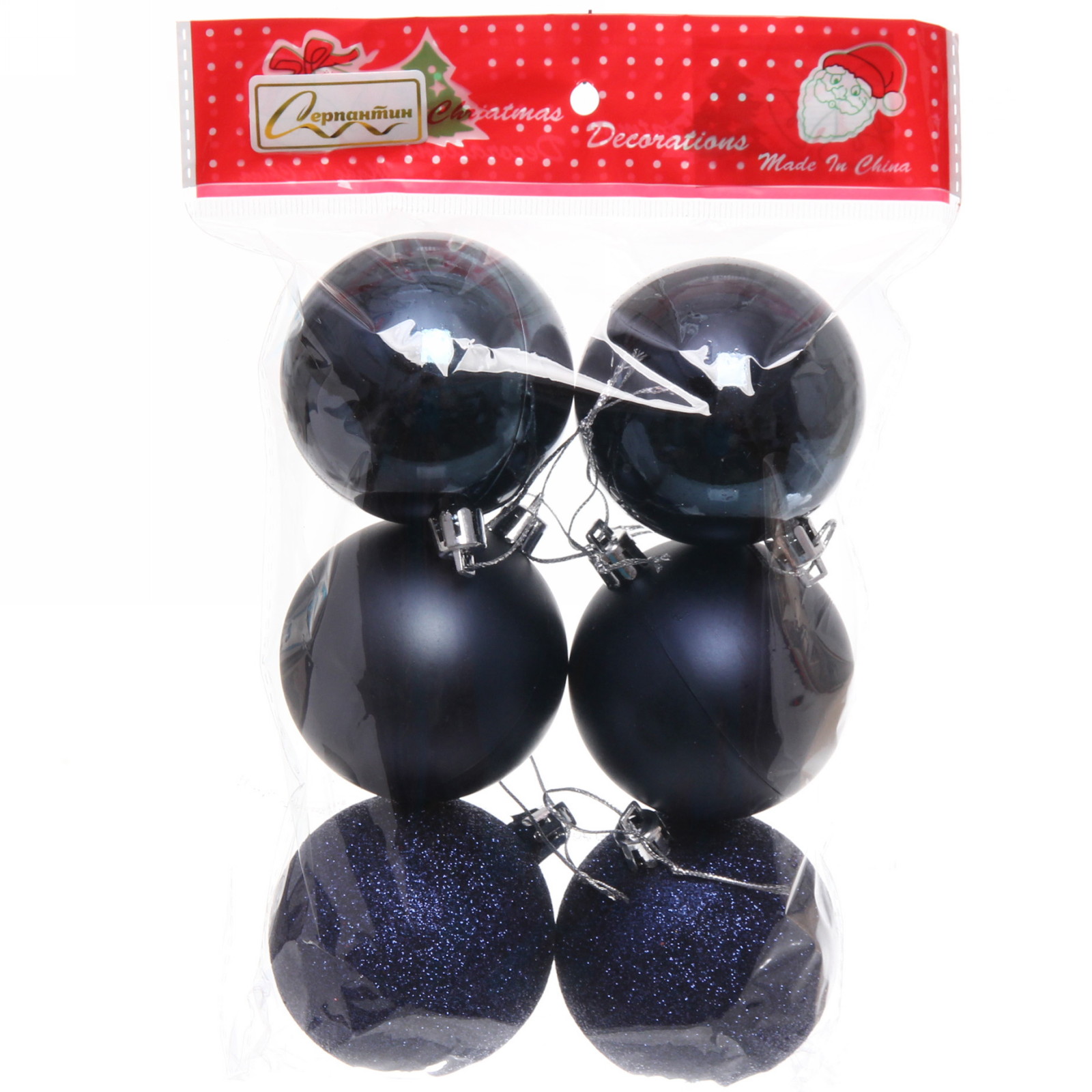 Новогодние шары 6 см (набор 6 шт) "Микс фактур", Синий (пакет)