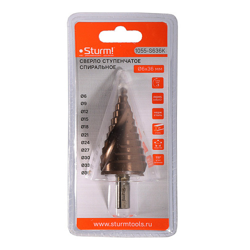 Сверло ступенчатое по металлу 6-36мм, STURM 1055-S636K, шаг 3мм Р6М5+COBALT, спираль