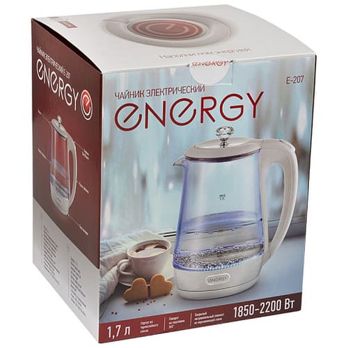 Чайник Energy E-207 (1,7 л), стекло, пластик, белый