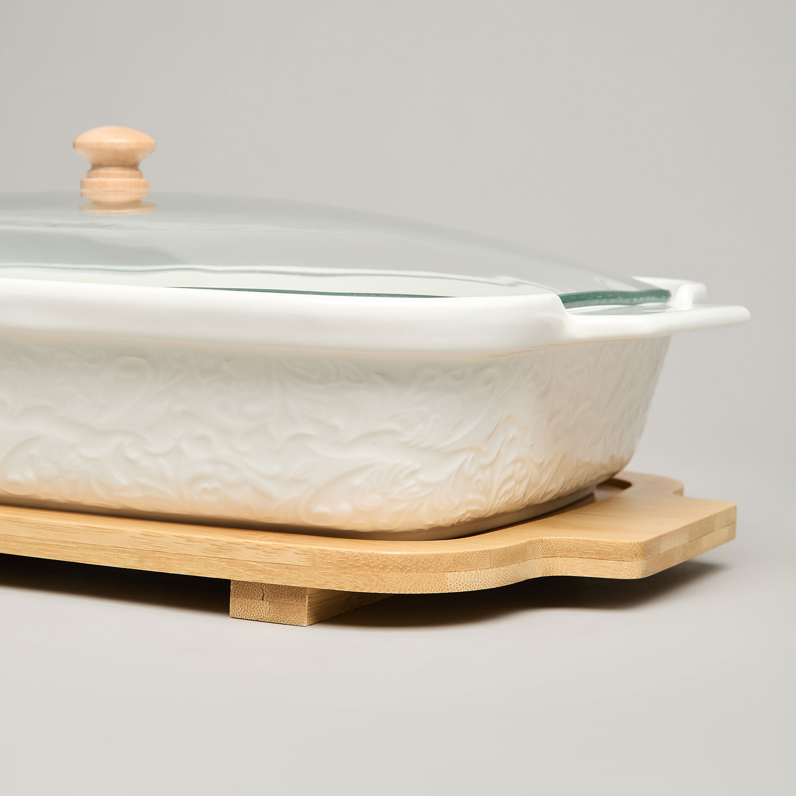 БЛЮДО ДЛЯ ВЫПЕКАНИЯ И СЕРВИРОВКИ LEFARD "MUSE" СО СТЕКЛ.КРЫШКОЙ НА ДЕР.ПОДСТАВКЕ 34,5*21*11СМ 1400МЛ