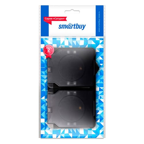 Розетка 2-местная с заземлением 16А с крышкой, IP54 "Сатурн" Smartbuy SBE-04b-16-S2-Z, черная