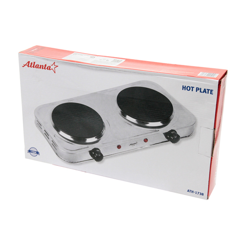Электроплитка двухконфорочная Atlanta 2000 Вт, чугунный тэн 15+15 см, серебристый