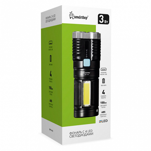 Фонарь 4 LED и рассеивателя, боковой COB,  встроенный аккумулятор, MicroUSB, Smartbuy