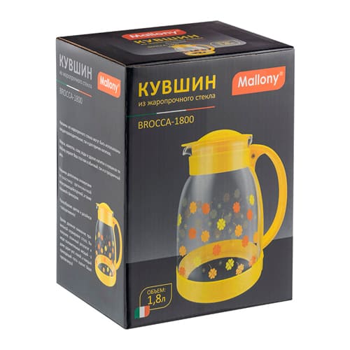 Кувшин BROCCA-1800, 1,8 л, из жаропрочного стекла, с пластиковой ручкой, желтый