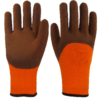 Перчатки утепленные облитые с двух сторон, коричнево-оранжевые, с начесом/12/480