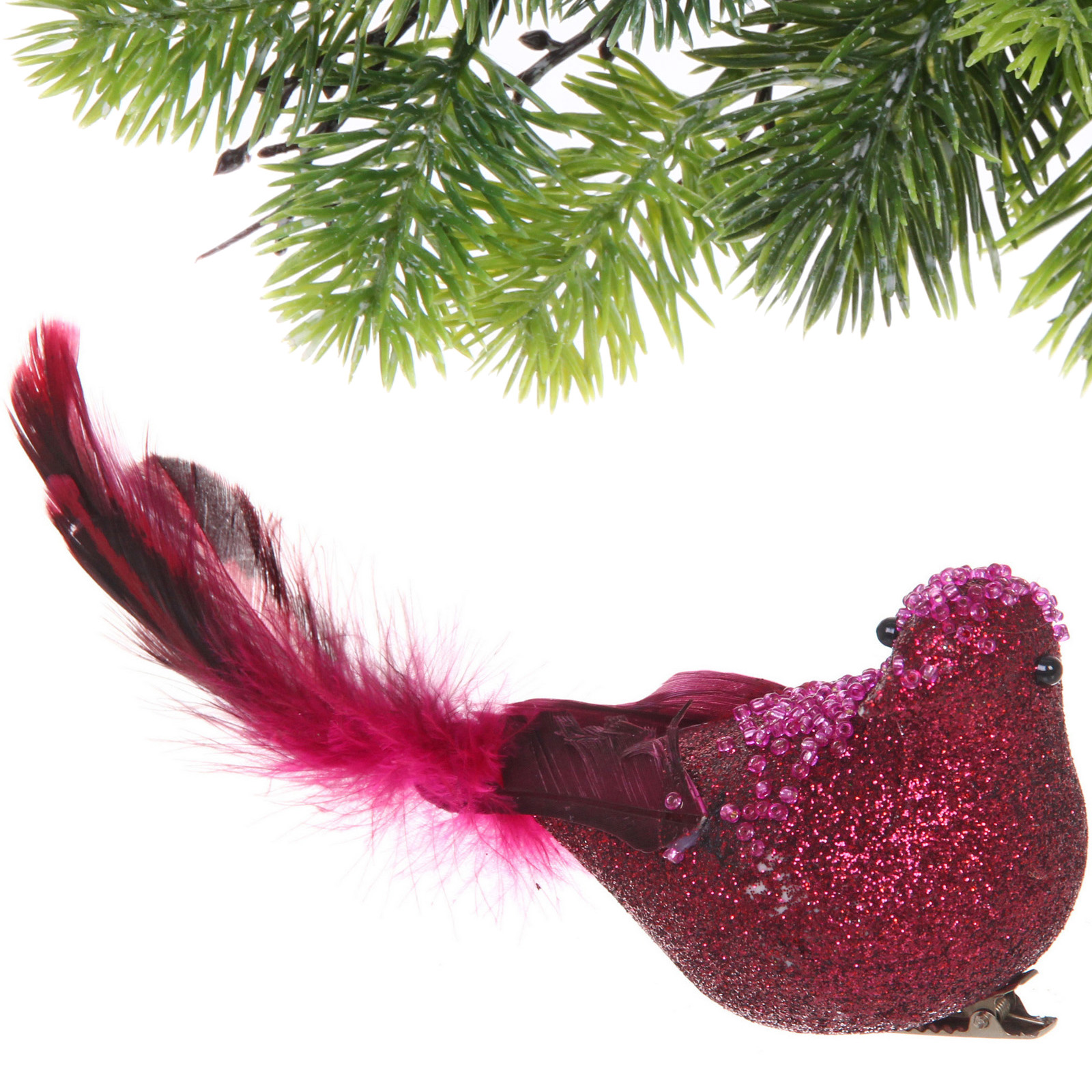 Украшение новогоднее на зажиме "Сияющая птица" 20 см, Фуксия