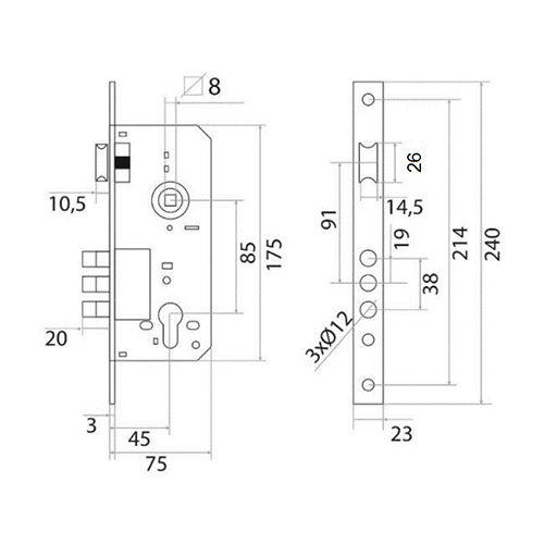 Замок врезной Trodos 152.45-R3M цилиндровый с защелкой без ручки, золото