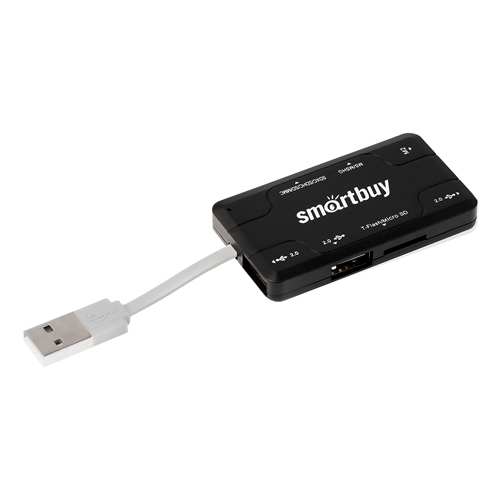 Картридер + Хаб Smartbuy 750, USB 2.0 3 порта+SD/microSD/MS/M2 Combo, черный (SBRH-750-K)