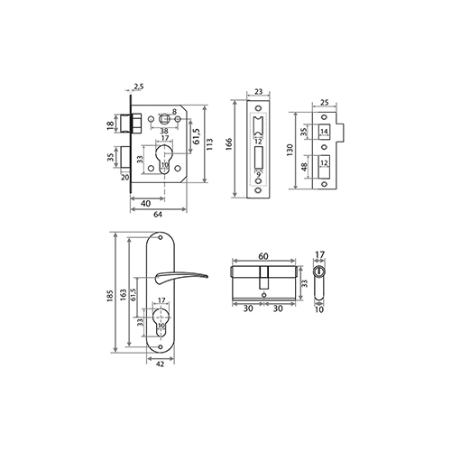 Замок врезной Trodos 61/76 цилиндровый с защелкой, с ручкой, золото