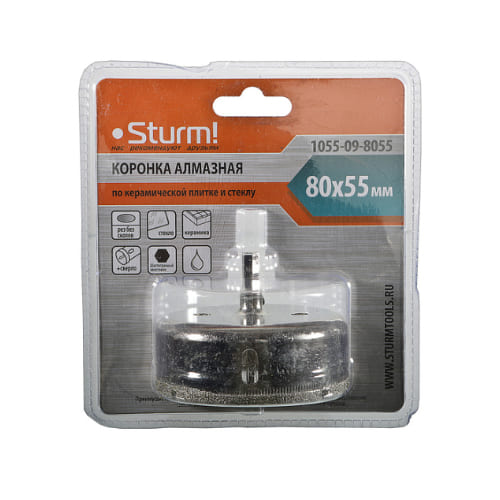 Коронка алмазная по керамической плитке плитке и стеклу 80 х 55 мм STURM 1055-09-8055