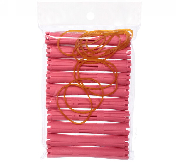 Бигуди пластмассовые-коклюшки с резинками 10шт d-1.3см "KUDRI", цвет розовый, (прозрачный пакет с подвесом)
