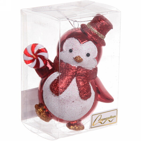 Ёлочная игрушка "Пингвин с леденцом" 10*6*11 см, красный