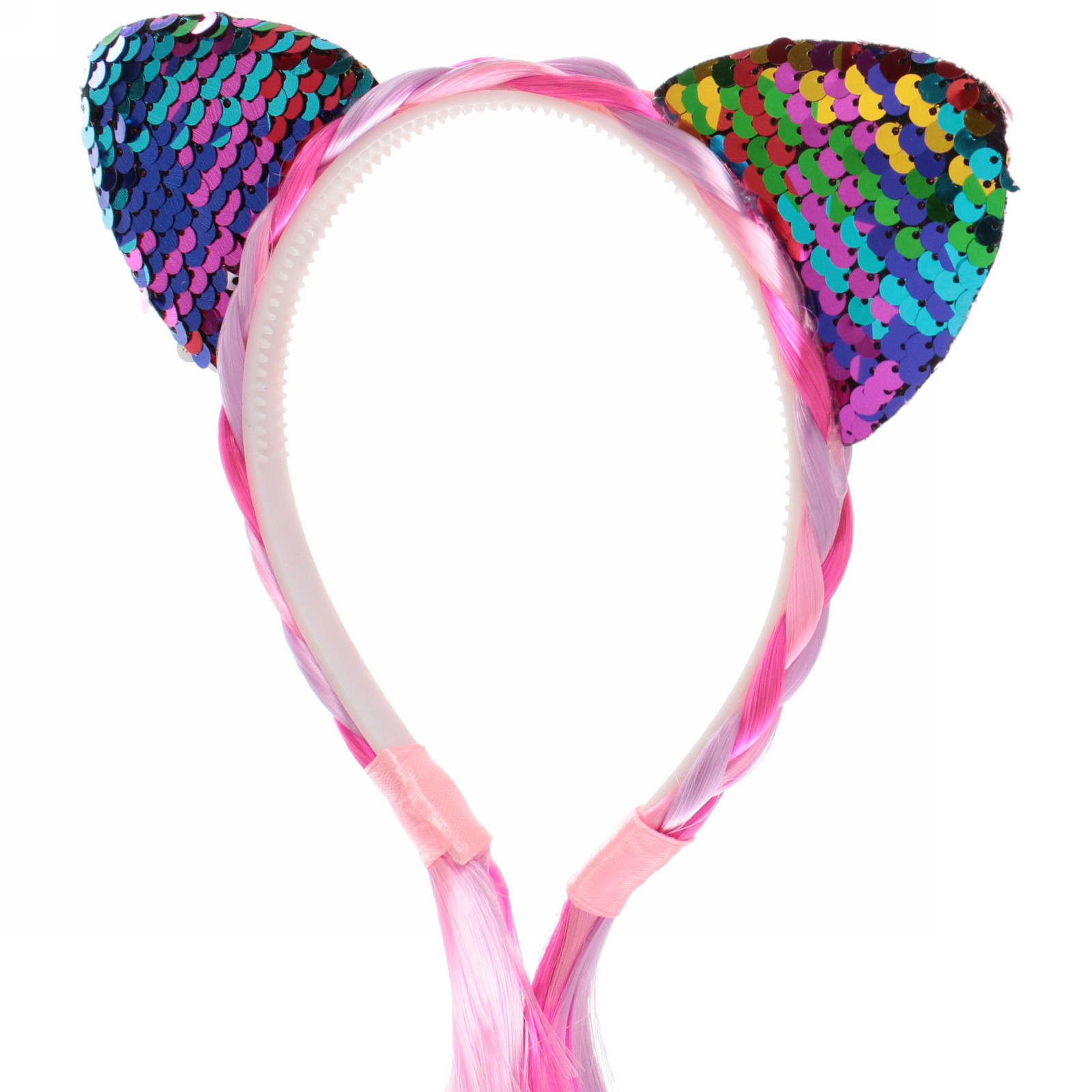 Ободок карнавальный с косой "Радужная кошка" 40 см, микс