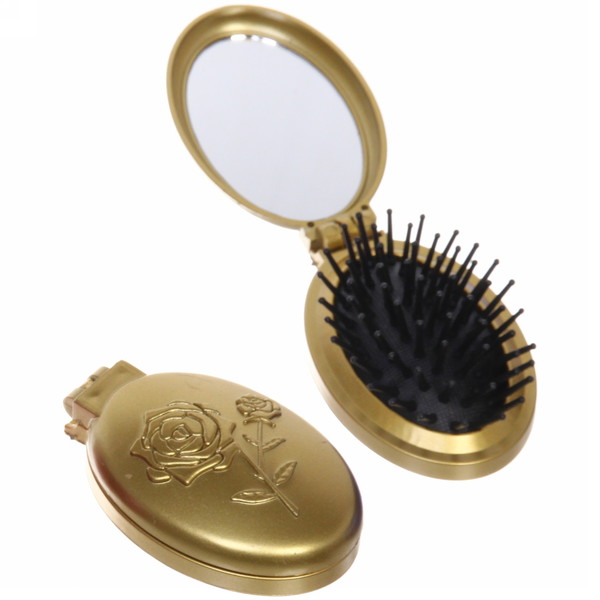 Расческа для волос массажная складная с зеркалом "Beauty Room", овал, узор розочка, микс 4 цвета, 9*5,5см