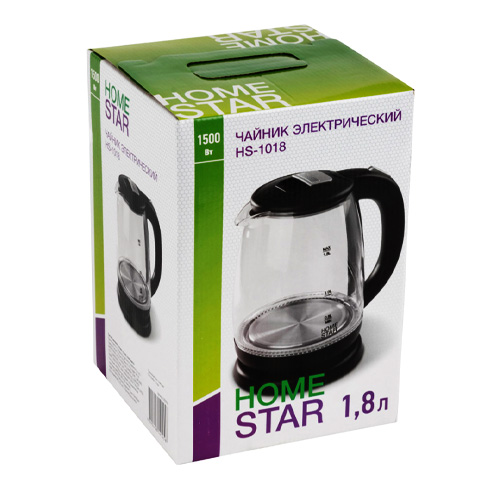 Чайник Homestar HS-1018, 1,8 л, стекло, пластик черный