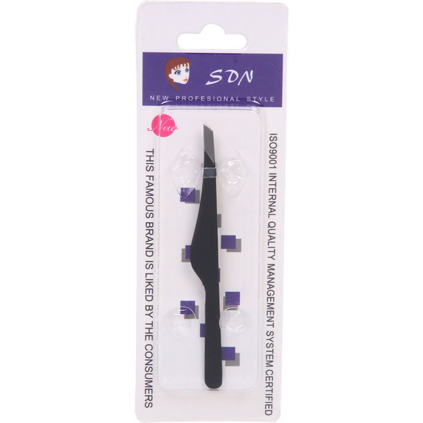 Пинцет для бровей из нержавеющей стали на блистере "Bon Kapriz", скошеный, цвет черный, 9,5см