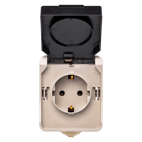 Розетка 1-местная с заземлением 16А с крышкой, IP54, бежевый, "Сатурн" (SBE-04w-16-S1-Z)